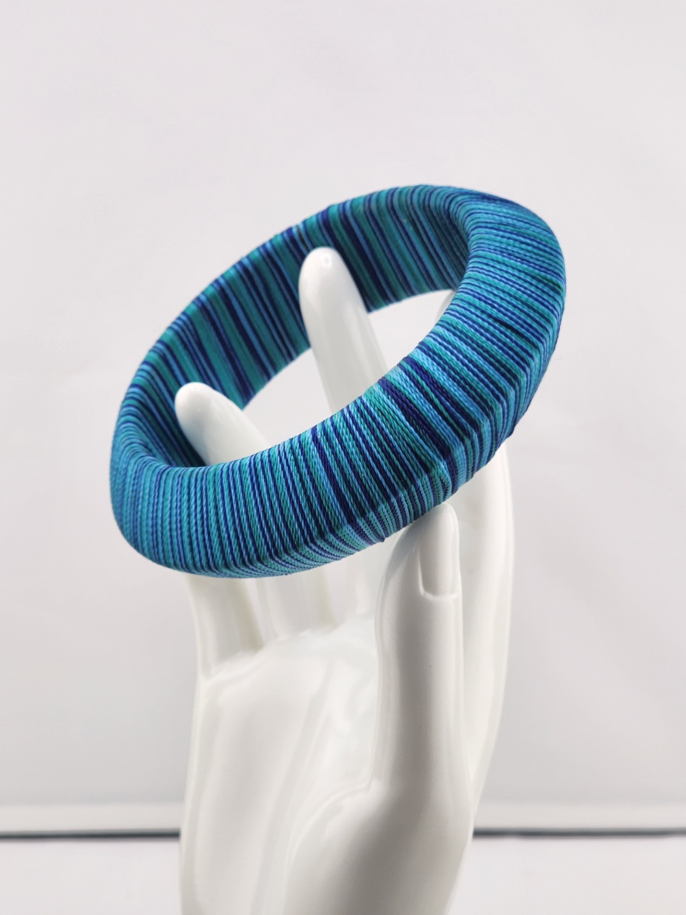 7.5in Blue Striped Fabric Wrapped Bangle Bracelet